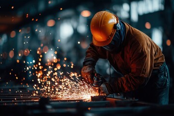 Skilled worker creates sparks during metal crafting in a bustling workshop at dusk