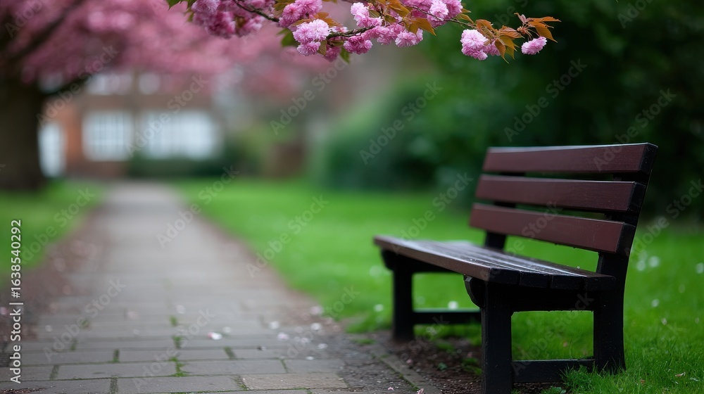 Poster a bench is in a park with a tree in the background