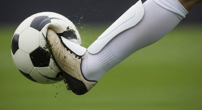 Soccer player kicking ball close up dynamic action shot