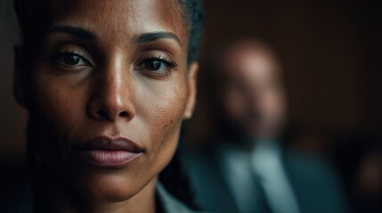 Captivating portrait of a confident woman displaying resilience in a tense courtroom environment during a pivotal moment