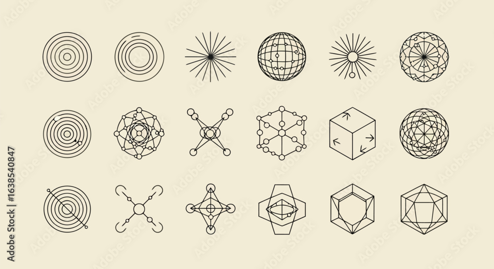 Poster vector art of a collection of geometric shapes and abstract patterns, handdrawn with intricate line 