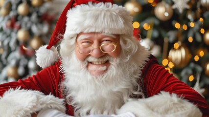 A smiling Santa Claus wearing a red hat and glasses. He is sitting on a bed with a Christmas tree in the background - Powered by Adobe