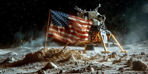 Lunar module landing on moon surface with american flag waving
