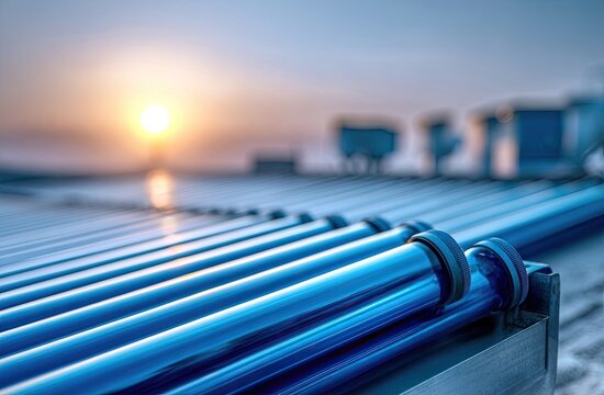 Rows of blue evacuated tubes for solar thermal energy collection against a sunset