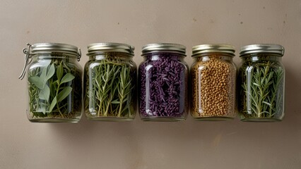 Flat Lay of Glass Jars with Fresh Herbs, Lavender, and Coarse White Pepper Background