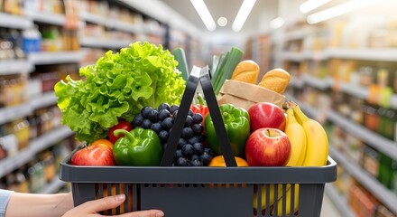 A shopper holds a grocery basket overflowing with fresh produce and bread in a supermarket aisle.