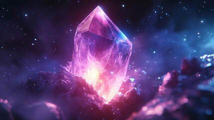 A glowing geometric crystal floating in a vast cosmic background, illuminated with radiant light, refracting vivid colors, surrounded by stars and nebulae, in a futuristic and surreal style.

