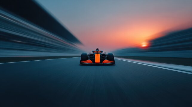 A race car is speeding down a track with the sun setting in the background