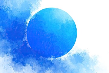 Abstract painting featuring a large, vibrant blue sphere set against a backdrop of textured, light blue and white clouds