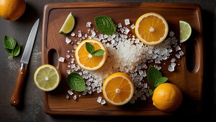Fresh Mint Leaves with Citrus Slices and Coarse Sugar Flat Lay on Wooden Kitchen Surface