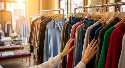 Obraz premium A woman's hands browse through a rack of colorful clothes hanging on wooden hangers in a bright, upscale retail store.