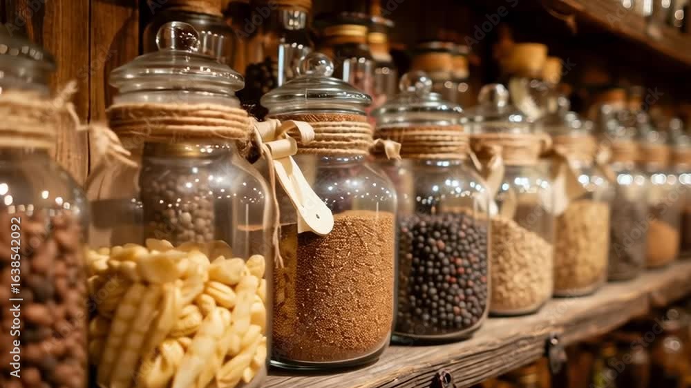 Poster a shelf full of glass jars with various types of beans and other beans. the jars are arranged in a r