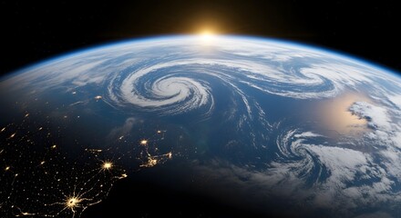 Earth view from space showing swirling cloud formations, city lights, and the sun rising over the horizon.