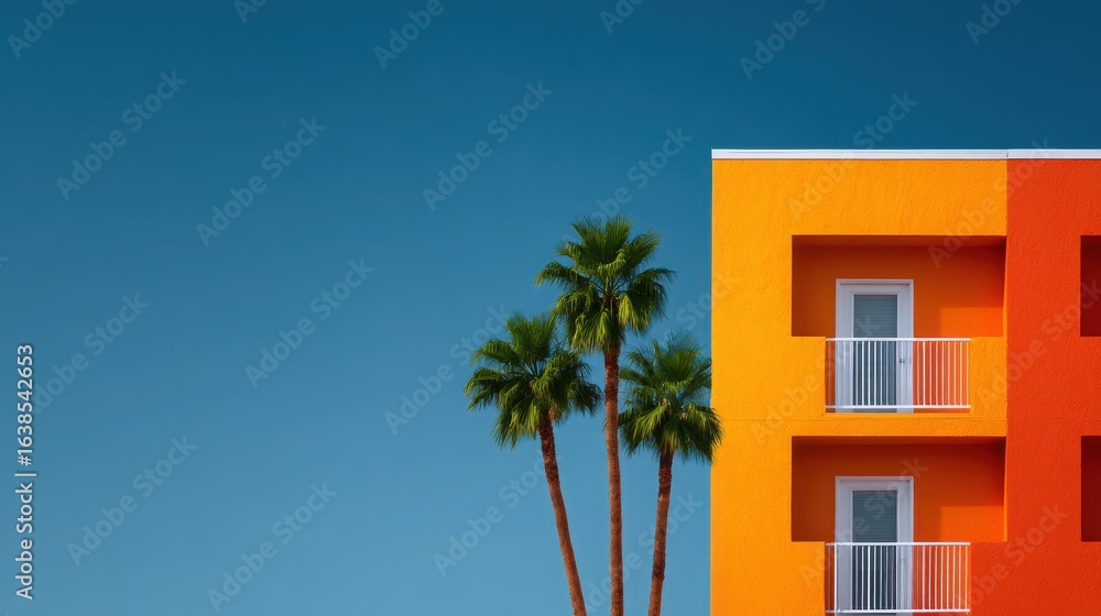 Poster a tall orange building with a balcony and a palm tree in front of it