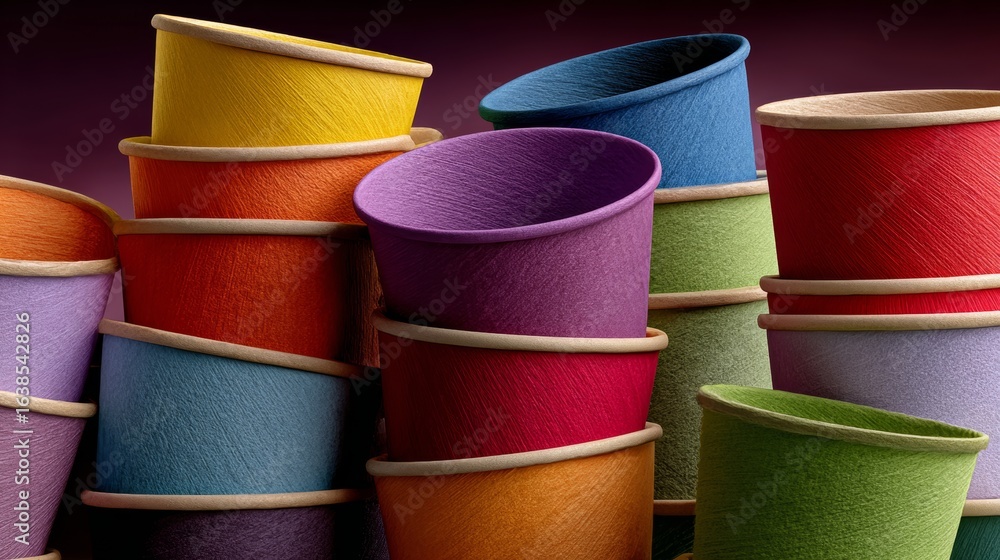 Poster stack of colorful paper cups with a variety of colors. the cups are piled on top of each other, crea