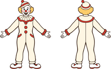 A mime in white costume, front and back view. Clean flat vector illustration with solid colors, perfect for kids themes, parties, and fun designs.