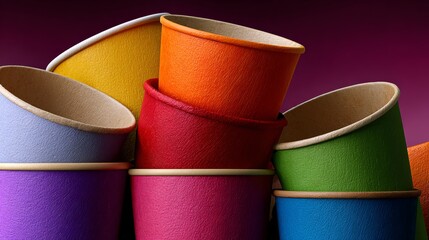 Stack of colorful paper cups. The cups are of different colors and sizes. Concept of fun and creativity, as the cups are arranged in a playful manner