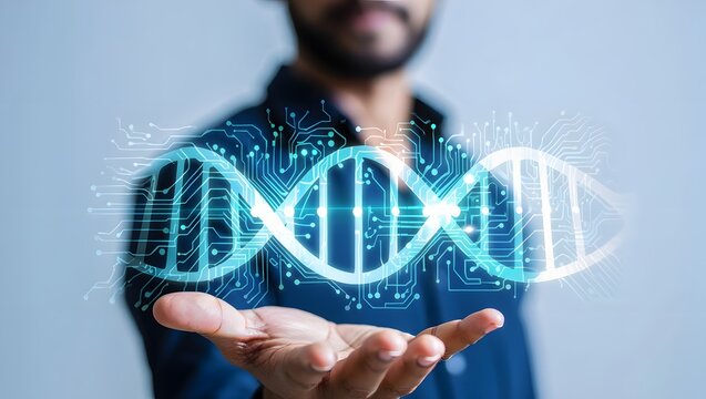 Holographic Glowing DNA Spiral in Palm