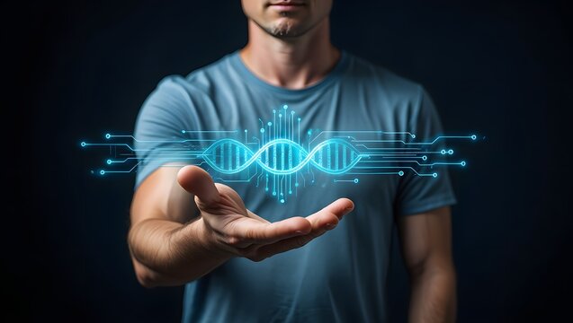 Digital DNA Helix Hologram in Human Hand
