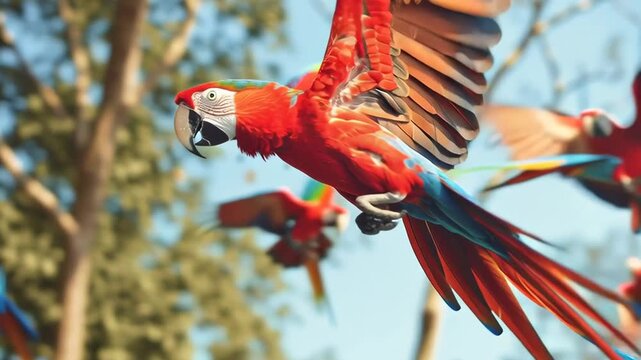A flock of colorful parrots flying in the sky. The birds are of different colors, including red, blue, and yellow. Concept of freedom and joy, as the parrots soar through the air