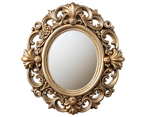 Ornate gold oval mirror with decorative frame, isolated on transparent background