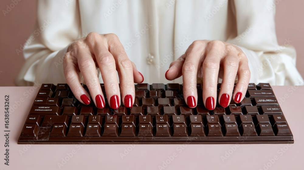 Poster woman is typing on a chocolate keyboard. the chocolate keyboard is a creative and playful way to pre