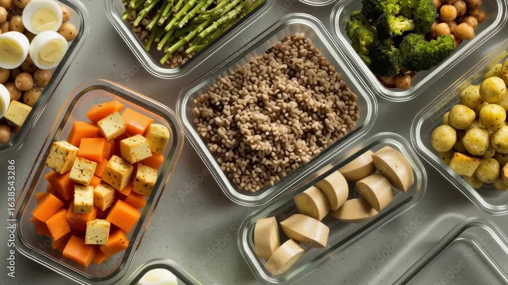 Poster a row of glass containers filled with various types of food, including vegetables and meat. the cont