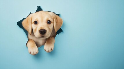 playful puppy emerging from torn paper with curious eyes