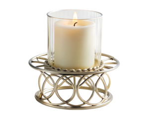 Lit white candle in a glass and silver metal holder, isolated on transparent background