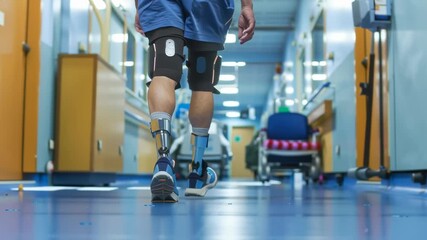 A man with a prosthetic leg walks down a hallway. The hallway is empty and the man is the only person in the scene