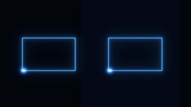 Two glowing blue neon rectangles with bright dots on a dark background abstract border . 4k video