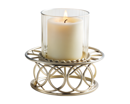 Lit white candle in a glass and silver metal holder, isolated on transparent background
