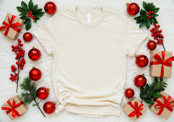 Beige tshirt mockup with christmas ornaments and gifts on white background