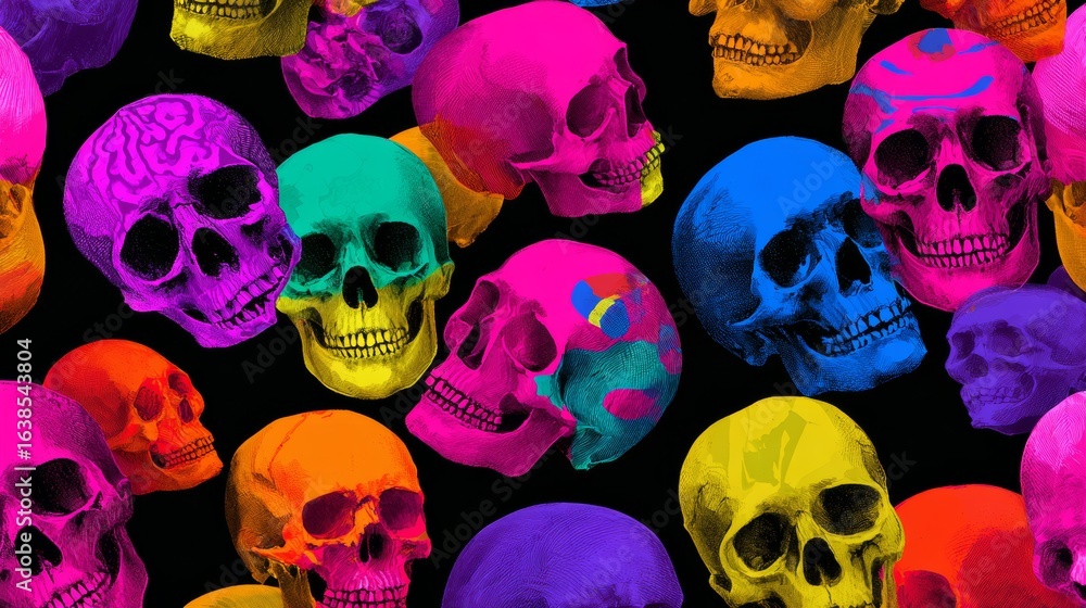 Poster colorful skull pattern with a variety of colors and sizes. the skulls are arranged in a way that cre