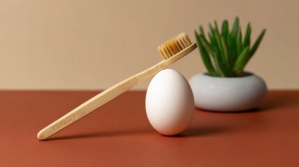 Wooden toothbrush is leaning on an egg. The egg is sitting on a table. The scene is simple and uncluttered