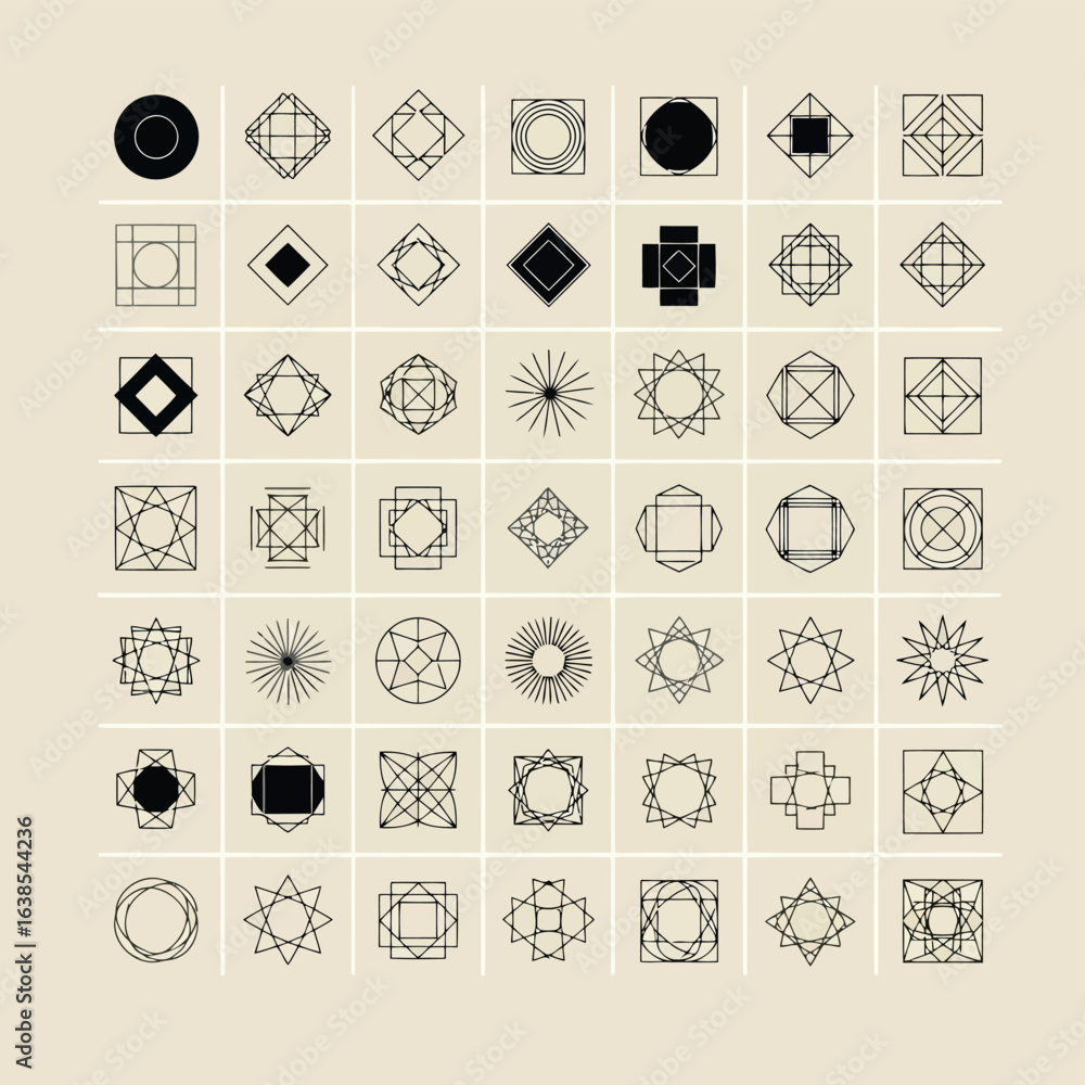 Poster vector art of a collection of 36 unique geometric shapes and patterns, presented in a grid format on