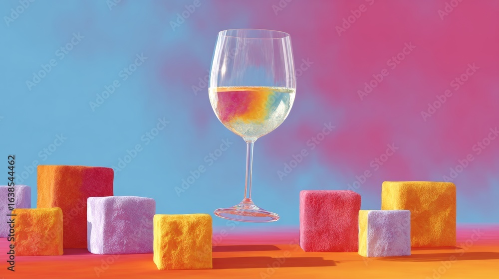 Poster glass of wine is on top of a stack of colorful blocks. the blocks are arranged in a way that they cr