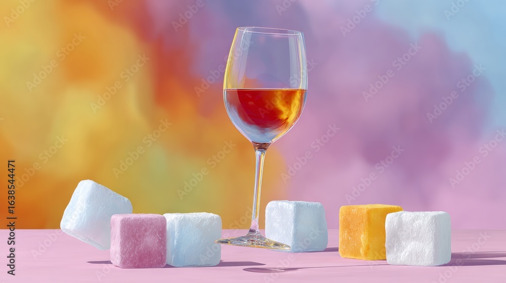 Poster glass of wine is on a table with a bunch of ice cubes. the ice cubes are in different colors and siz