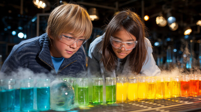 Two Asian teenagers observing colorful chemical experiments in laboratory