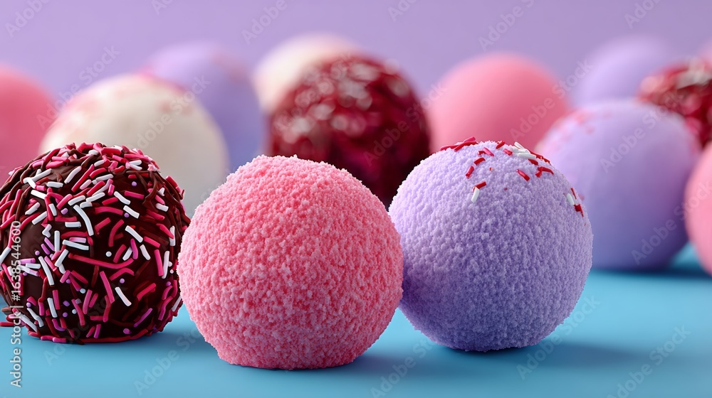 Poster close up of a few different colored doughnuts with pink and purple frosting. the doughnuts are cover