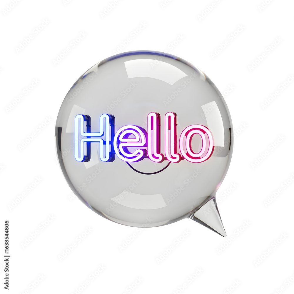 Aufkleber 3d icon of transparent speech bubble with the word hello in neon lights, isolated on transparent bac