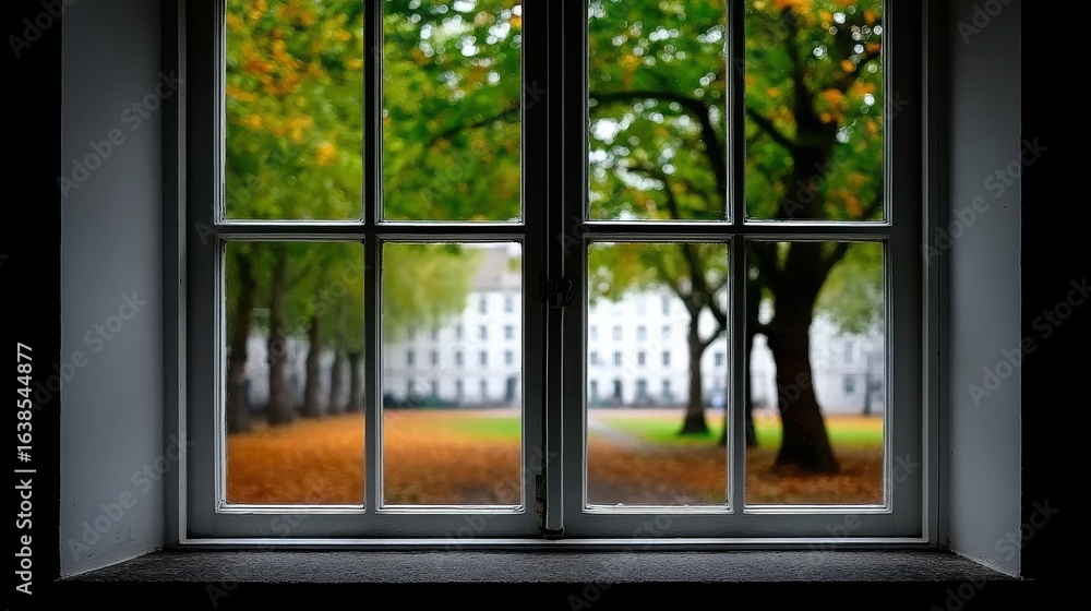 Poster a window with trees in the background