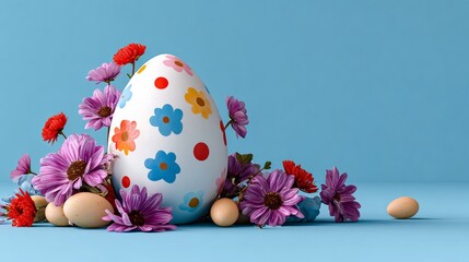 White egg with blue and red flowers painted on it is surrounded by purple flowers. The egg is placed on a blue background