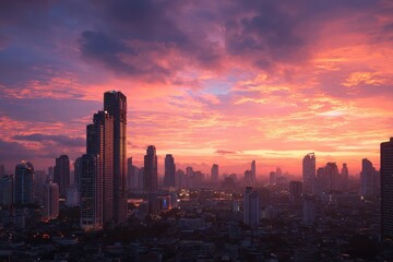 Fototapeta premium Sunrise colors paint the sky over Bangkok with vibrant hues creating a breathtaking morning skyline