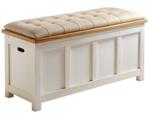 White storage bench with tufted upholstered seat and oak trim, isolated on transparent background