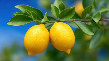 Two lemons hanging from a tree branch
