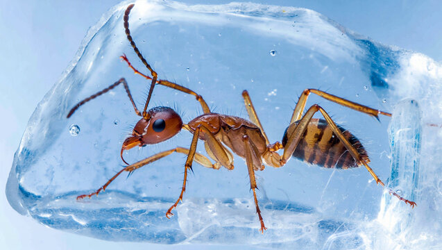 A detailed macro photograph of a frozen ant encased in ice
