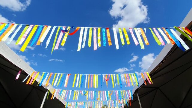 Multi colored ribbons, traditional decoration in latin american parties or festivities. Horizontal footage. 