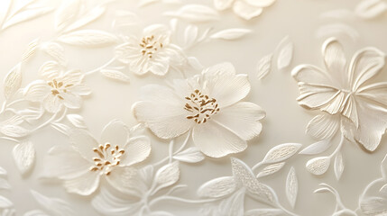 Soft ivory floral pattern with delicate gold accents, elegant embossed texture, gentle and serene decorative background