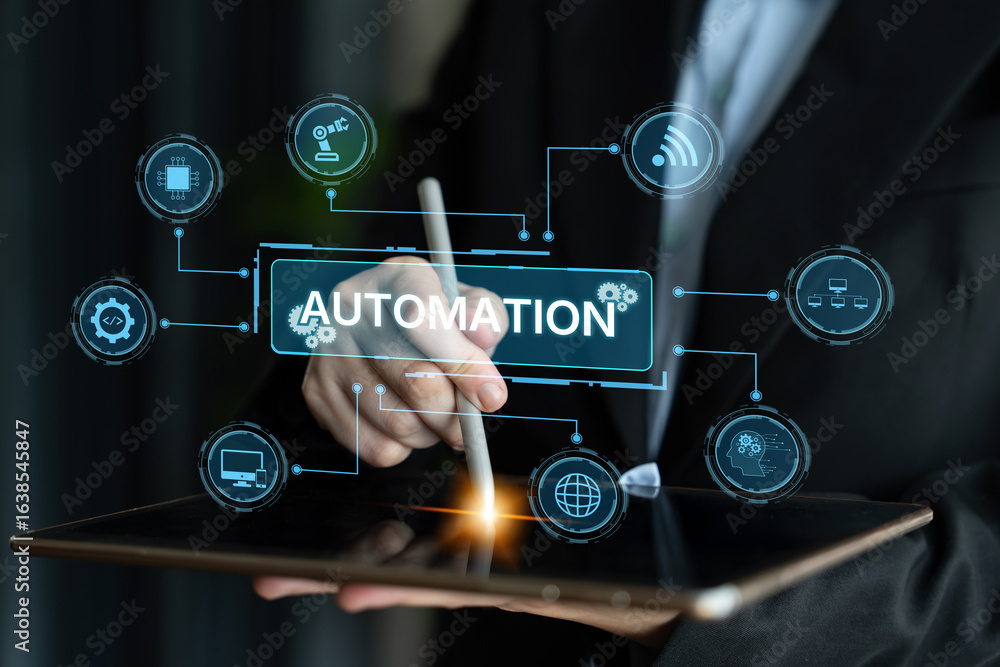 Poster modern automation drives workflow efficiency by connecting systems, people, and data. with intellige